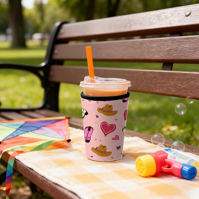 Boho Lotus Flower Neoprene Iced Coffee Cup Sleeve Set, Reusable Cold Drink Holder, Fits 16-30oz Cups, 3 Pack (yeehaw pink)