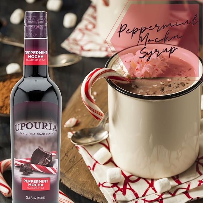 Upouria Peppermint Mocha Coffee Syrup Flavoring, 100% Vegan, Gluten-Free, Kosher, 750 mL Bottle (Pack of 2) with Coffee Syrup Pump