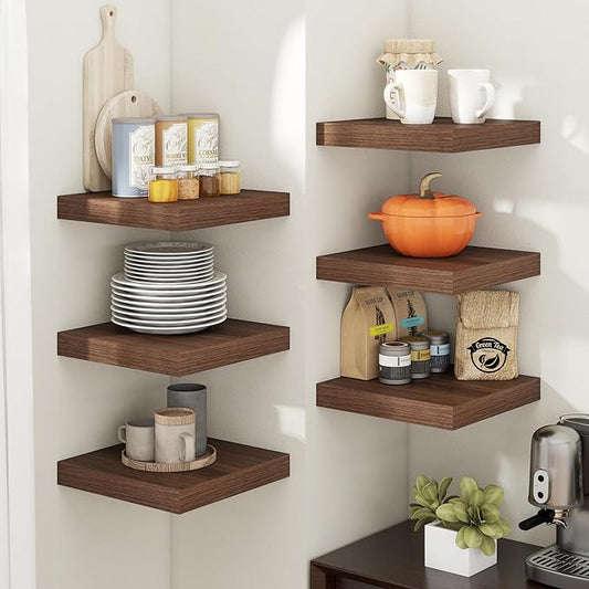 Floating Shelves for Wall with Invisible Brackets, Wall Mounted Engineered Wood Shelves with Wood Grain for Living Room, Bedroom, Bathroom, Kitchen Decor and Storage, Oak, 12"L Set of 3, Walnut