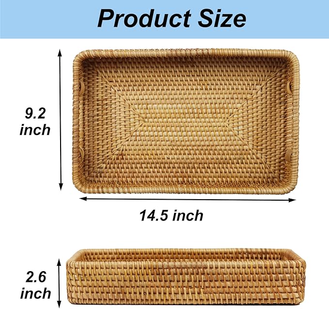 Rattan Serving Tray, Rectangle Coffee Table Tray with Handles, Decorative Ottoman Tea Tray Wicker Basket for Coffee, Bread, Fruits, Snacks, Breakfast, Drinks, Table Decor
