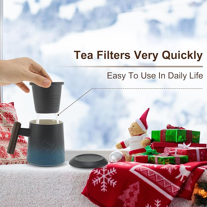Tea Cup with Infuser, 13.5oz Ceramic Tea Infuser Mug with Wood Handle and Cup Lid, Tea Strainer Cup for Loose Leaf Steeping, Blue&Black