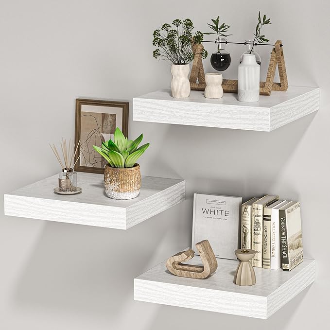 Square Floating Shelves for Wall, 12" W x 12" D x 1.4" H, Small Wooden Wall Mounted Display Shelves with Invisible Brackets for Living Room, Bedroom, Bathroom, Kitchen Decor, Set of 3, White