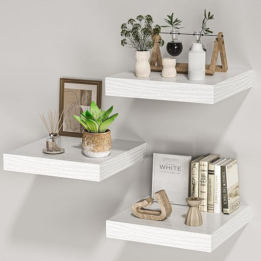 Square Floating Shelves for Wall, 12" W x 12" D x 1.4" H, Small Wooden Wall Mounted Display Shelves with Invisible Brackets for Living Room, Bedroom, Bathroom, Kitchen Decor, Set of 3, White