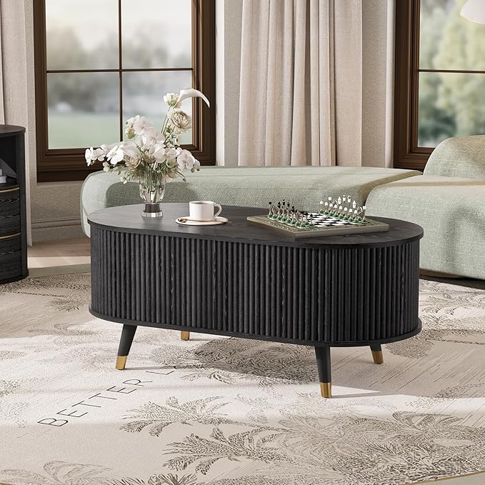 42.5" Oval Lift Top Coffee Table with Storage,Modern Black Center Table with Fluted Design, Solid Wood Legs & Hidden Compartment, Pop Up Cocktail Table for Living Roomm