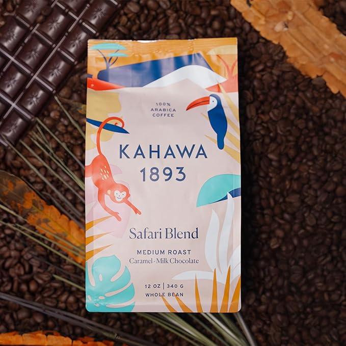 Kahawa 1893 Whole Bean Coffee Medium Roast Safari Blend 12 Oz - As Seen on Shark Tank, High Antioxidants, Naturally Sweet, Organically Grown, Ethically & Sustainably Sourced