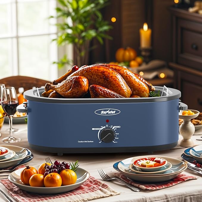 Sunvivi Electric Roaster, Roasting Oven with Self-Basting Lid Removable Pan, 20 Quart Turkey Roaster Oven with 150 to 450F Temperature Control Cool-Touch Handles, Blue