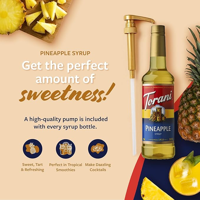 Torani Pineapple Syrup for Drinks, Flavoring for Iced Tea, Lemonade, Sodas, and Cocktails, Pump Included, 25.4 Fl Oz