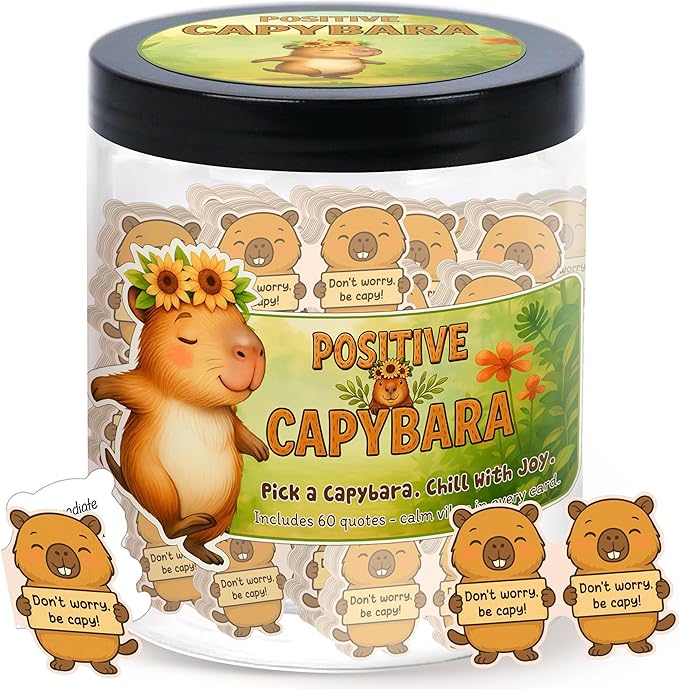 Positive Capybara Jar with 60 Affirmation Cards, Emotional Support Gift, Funny Mental Health, Capybara Birthday Gift, Inspirational for Teen Boys and Women, Cute Funny Office Decor