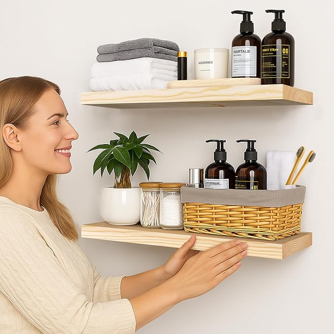 BGMG Wood Floating Shelves for Wall 30 inch, Rustic Wooden Wall Mount Shelves for Bathroom Living Room Bedroom Kitchen Farmhouse Set of 2-30x 6.7 x1.25 inch- DIY-Unfinished