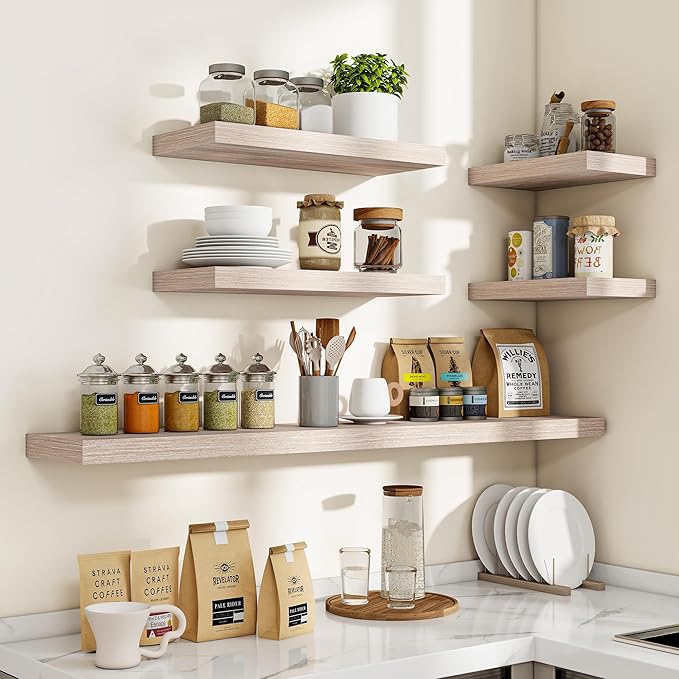 16 Inch Floating Shelves, 3D Textured Wood Grain, 16"x9.25"x1.5" Inch Deep Floating Shelves for Wall, Wooden Shelves for Bathroom, Bedroom, Living Room, Washed White, 2 Pieces