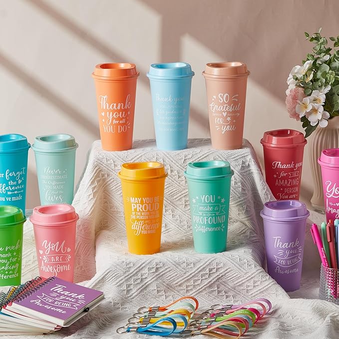 Skylety 12 Set/48 Pcs Employee Appreciation Gifts Bulk Christmas Thank You Gift Set 16 oz Coffee Cups Mini Spiral Notebooks Pens Keychains for Staff Team Teacher Coworker (Pastel Color)