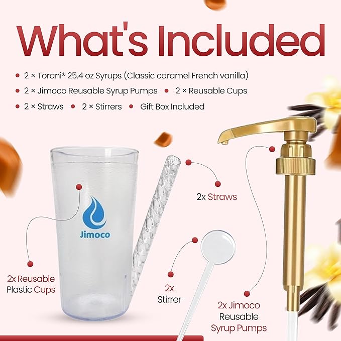 Jimoco Barista Set – Torani Caramel Classic & French Vanilla Syrups (25.4 oz Each) with 2 Jimoco Syrup Pumps, Reusable Cups, Straws & Stirrers – Coffee, Italian Soda & Cocktail Flavoring Kit