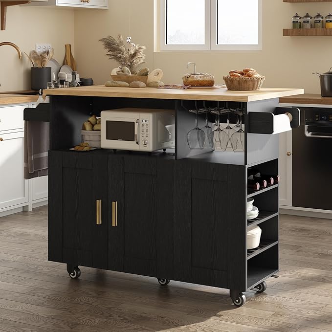 Rolling Mobile Kitchen Island with Storage and Drop Leaf, Island Table with Countertop Power Socket and Wheel (Black, Model 1.2)