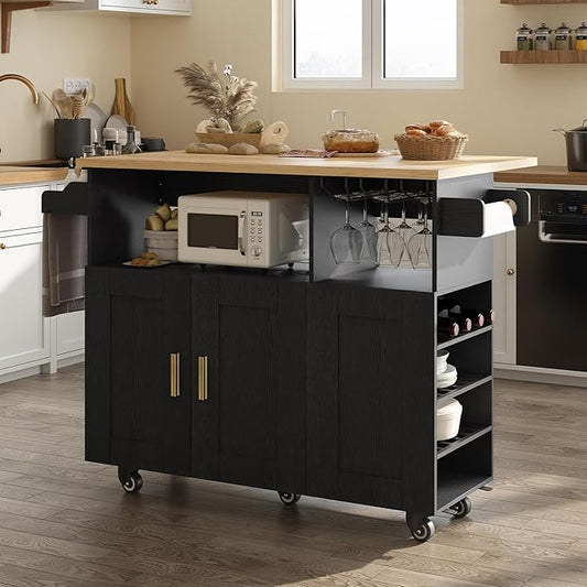 Rolling Mobile Kitchen Island with Storage and Drop Leaf, Island Table with Countertop Power Socket and Wheel (Black, Model 1.2)