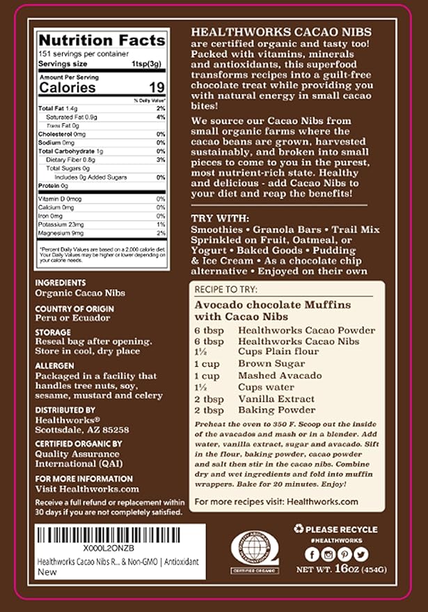 Healthworks Superfoods Cacao Nibs Organic - 16 Oz / 1 Lb - Criollo Bean - Raw Unsweetened Chocolate Substitute - Certified Organic - Keto, Vegan & Non-GMO - Antioxidant