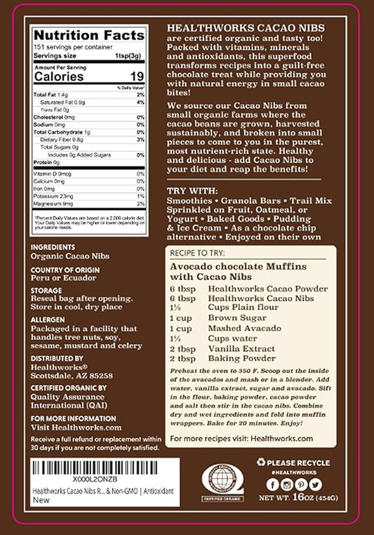 Healthworks Superfoods Cacao Nibs Organic - 16 Oz / 1 Lb - Criollo Bean - Raw Unsweetened Chocolate Substitute - Certified Organic - Keto, Vegan & Non-GMO - Antioxidant