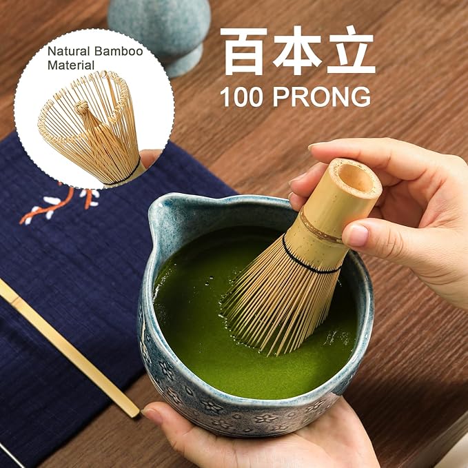 Matcha Whisk Set, 7 Pcs Matcha Kit Includes Ceramic Blue Matcha Bowl, Whisk and Holder, Bamboo Scoop, Scoop Stand, Sifter, and Tea Towel - Traditional Tea Ceremony Accessory Set for Matcha Lovers