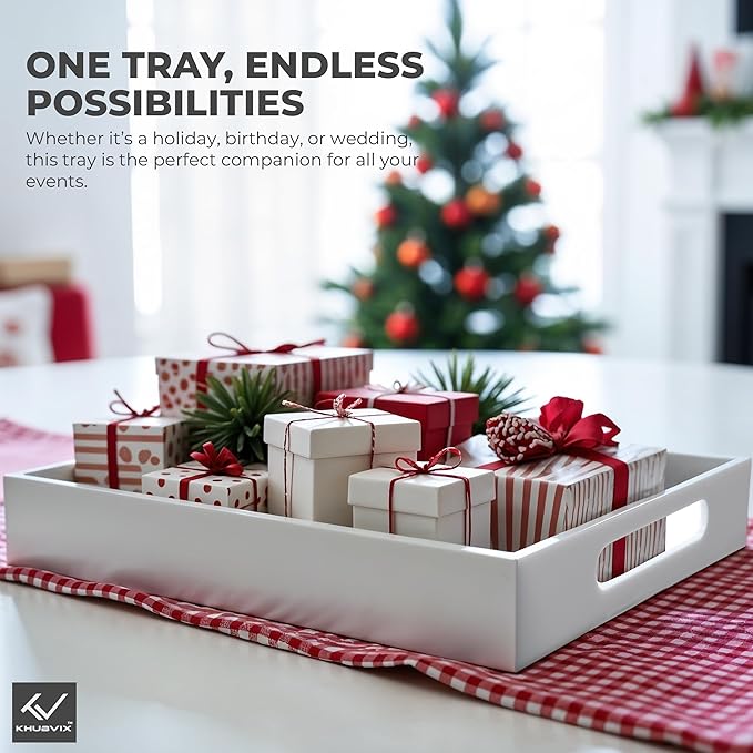 White Tray 16×12" with Cut Handles - Spill Proof Decorative Tray is an Ideal Countertop Organizer for Living Rooms, Ottoman Coffee Tables, Offices, Kitchens & Serving Guests