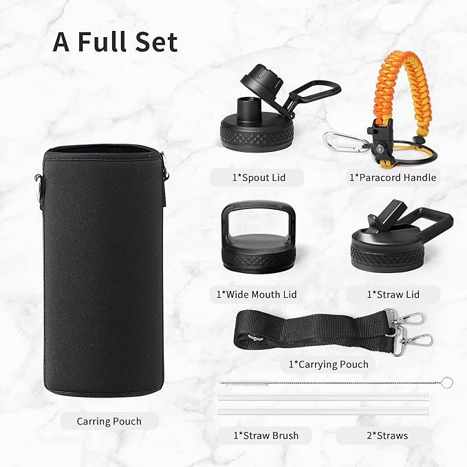 Trebo 32oz Water Bottle Insulated with Lid and Straw,Double Wall Vacuum Stainless Steel Metal Tumbler Sports Flask with Paracord Handle, Keep Hot 24 Hours & Cold 48 Hours Water Cup with 3 Lids, Orange