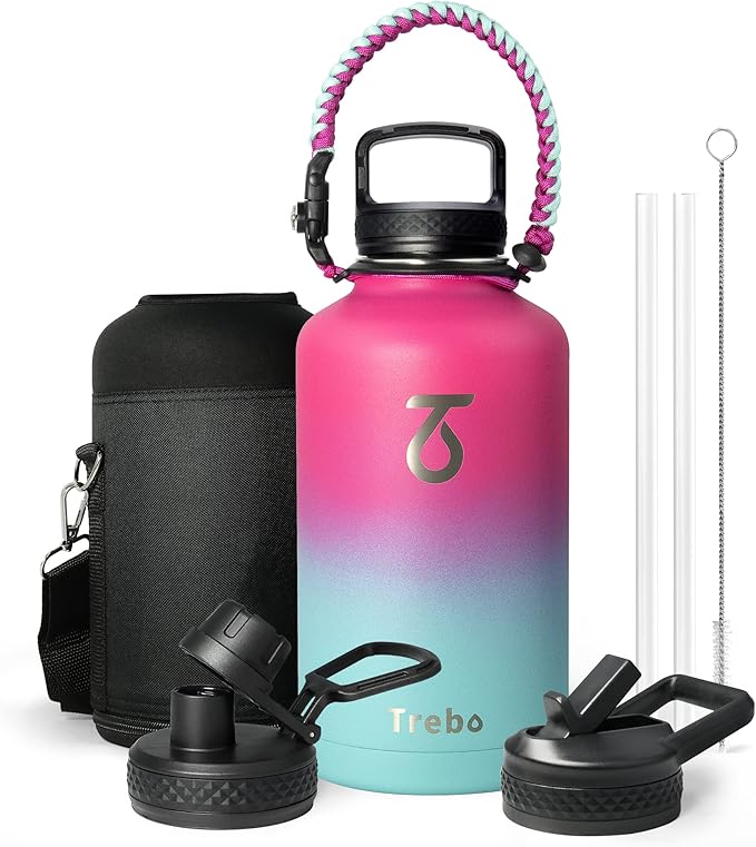 Trebo Insulated Water Bottle 64 oz, Half Gallon Metal Vacuum Water Jug with Paracord Handle and 3 Lids, Leakproof BPA-Free Flask for Gym Sports Hiking Travel, Keep Cold 48 Hours, Rose Red