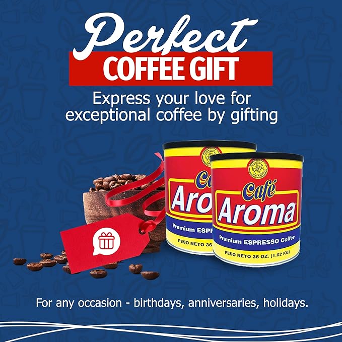 Café Aroma Ground Espresso Roast Coffee, Dark Roast, Cuban Style Coffee, Perfect for Lattes, Blend For Hot & Iced Coffee Creations, 36 oz (2 Cans)