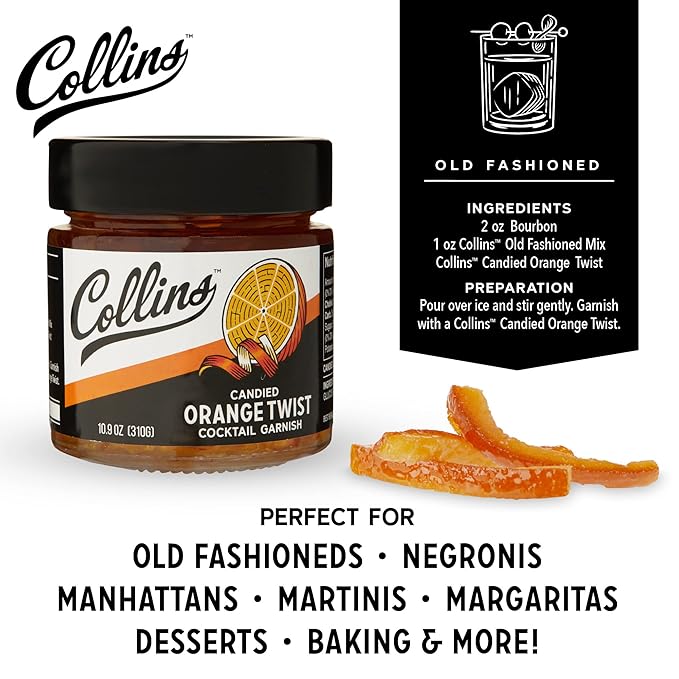 Collins Candied Fruit Orange Peel Twist in Syrup, Popular Cocktail Garnish for Skinny Margarita, Martini, Mojito, Orange Peel for Old Fashioned Drinks, Baking, Desserts, Salad, 10.9 oz