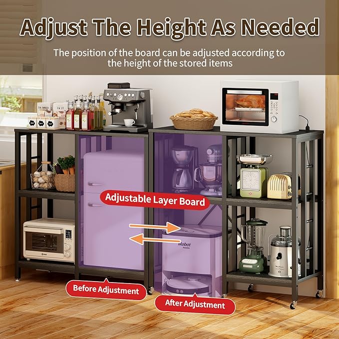 Adjustable Kitchen Bakers Rack with Power Outlet,4-Tier Microwave Stand Kitchen Cart,Mini Fridge Stand with Storage,Bar Cabinet,Suitable for Office,Coffee Bar,Living Room,Patio, Black