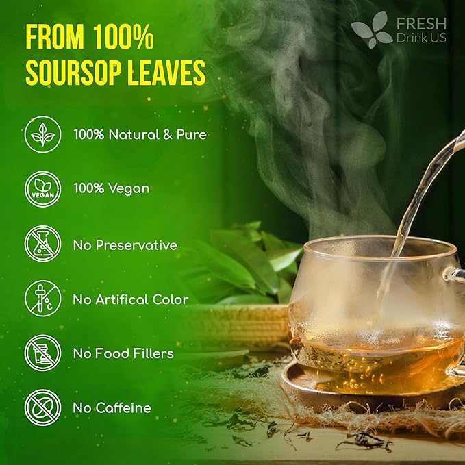 FreshDrinkUS, Premium 275+ Soursop Graviola Whole Dried Leaves Tea, 275-300 Soursop Graviola Guanabana Whole Leaves, Wildcrafted, Hoja Guanabana Loose Leaf Herbal Tea, No Gluten, Vegan