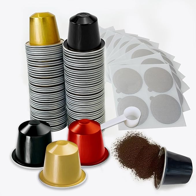 Espresso Capsules Refillable Coffee Pods For Nespresso Original Line,Disposable Empty Aluminum Coffee Filter Capsule,Replacement Pods Kit (90 Foil Seals Lids+90 Pods+1 Spoon)