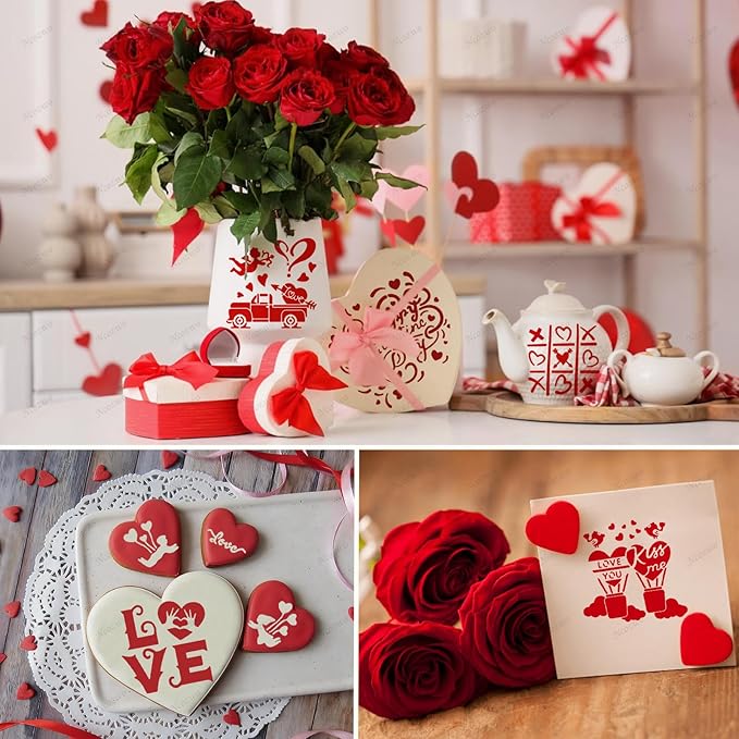 Valentines Day Cake Stencils Kit Reusable Cookie Coffee Stencil Drawing Template for Dessert Buttercream Painting Envelopes DIY Crafts Wall Floor Decor (12 Pcs Confession of Love)