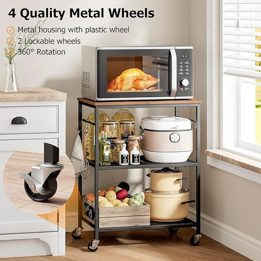 3-Tier Rolling Kitchen Microwave Cart, Kitchen Utility Cart on Lockable Wheels, Coffee Bar Table Station with 6 S-Shaped Hooks, Small Appliance Storage Shelf, Rustic Brown and Black