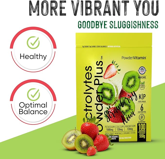 PowderVitamin Electrolytes Powder Plus (100 Servings) Strawberry Kiwi Electrolyte Powder Zero Calorie Keto,0 Sugar, No Maltodextrin,1000mg Potassium,120mg Calcium,120mg Magnesium, Hydration Powder