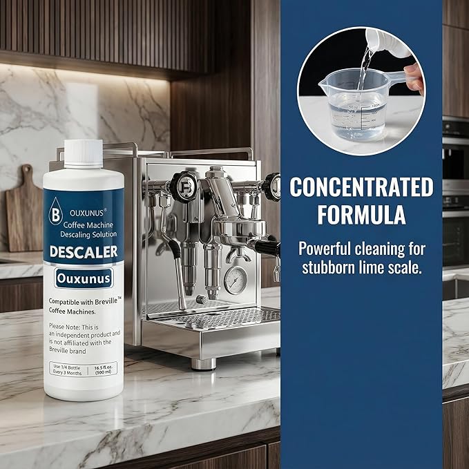 Ouxunus Descaling Solution Compatible with Breville Coffee Machines, 16.9 fl oz Concentrated Liquid with Citric Acid, Eco-Friendly 4 Use Bottle (1)