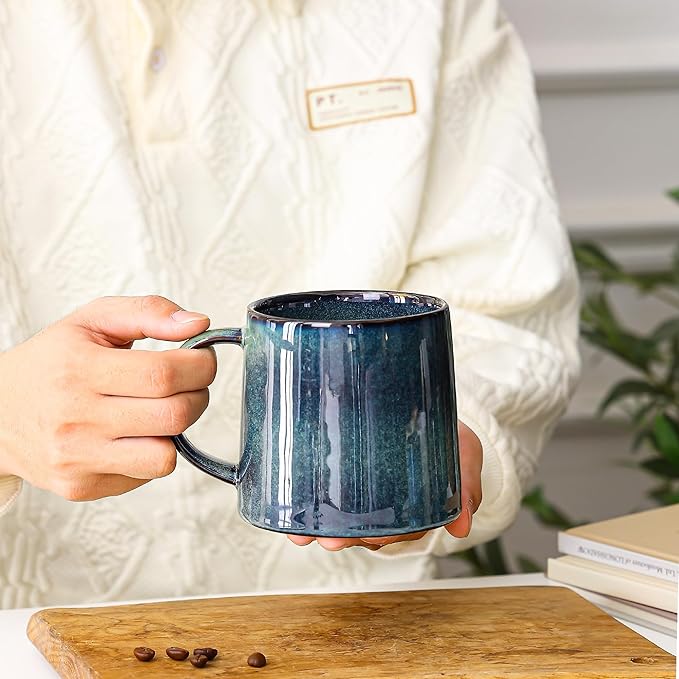 Mkour 20oz Large Ceramic Coffee Mugs, Handmade Cup, Big Tea Cups with Large Handle for Office and Home, Microwave and Dishwasher Safe (Blue Green)