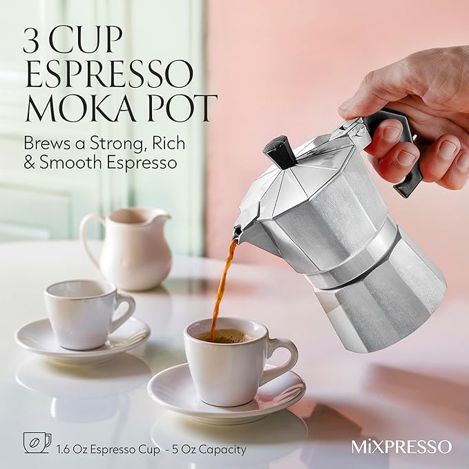 Mixpresso Moka Pot 3 Cup (5 oz Total) – Stovetop Espresso Maker for Gas & Electric Stove, Aluminum Cuban & Italian Coffee Maker, Small Size Espresso Brewer