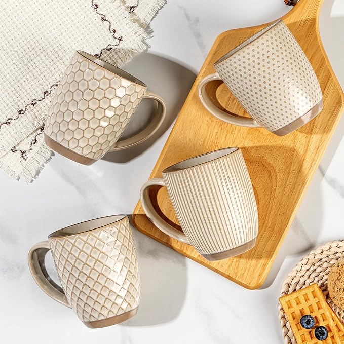 GBhome Large Coffee Mugs Set of 4, 16oz Handmade Embossed Coffee Mugs Set with Large Handle for Cappuccino/Latte/Tea/Hot Cocoa, Dishwasher & Microwave Safe, Khaki