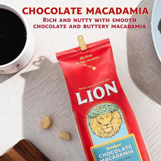 Lion Coffee Chocolate Macadamia Flavored Ground Coffee, Light Roast, Hawaiian Inspired Taste - 24 Ounce Bag