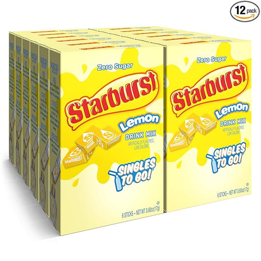 Starburst Singles To Go Powdered Drink Mix, Lemon, Sugar-Free Drink Powder, 6 count (Pack of 12)