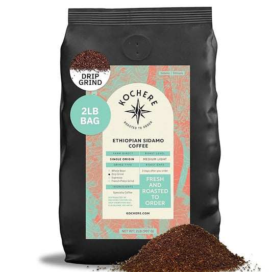 Ethiopian Sidama Coffee – 2LB, Single Origin, Medium-Light Roast, Freshly Roasted Drip Grind, Specialty Grade, Non-GMO