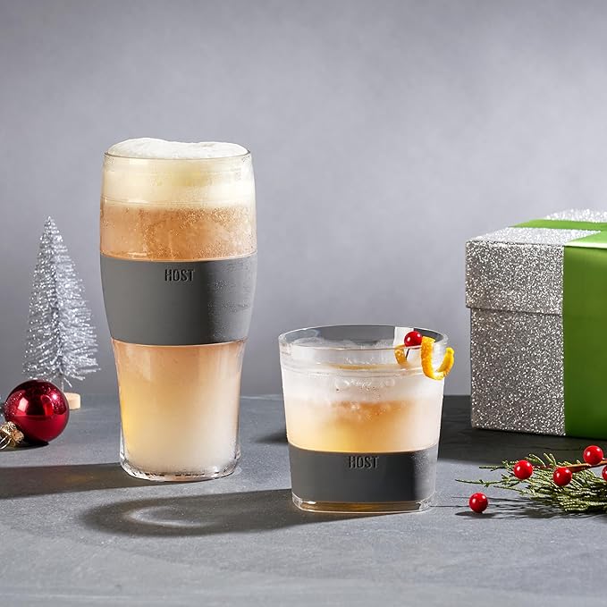 Host Whiskey Freeze Glasses, Double Old Fashioned Glasses, Chill Without Dilution for Brandy, Vodka, Gin, Rum, and Cold Brew Cocktails, Bourbon Gifts for Men, Home Bar, 9 oz, Set of 2, Grey