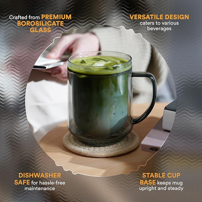 ovalware 500ml Double Wall Glass Coffee Mugs, Single Lip Mugs Made of Durable Borosilicate Glass, Insulated Coffee Mug with Handle for Hot and Cold Drinks - Stealth Gray