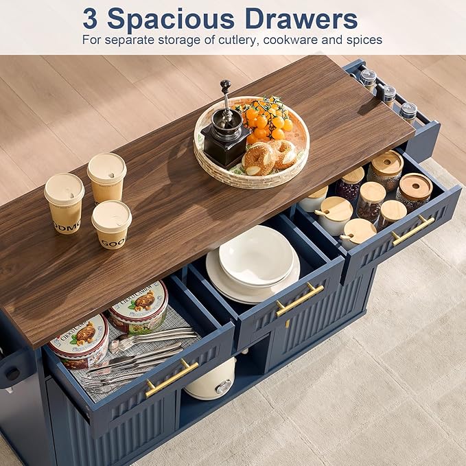 Okvnbjk 57" Kitchen Island with Storage & Drop Leaf — Kitchen Rolling Island with Trash Can Storage Cabinet, Large Mobile Island Cart on Wheels with Power Outlet, Spice & Towel Rack, Navy Blue
