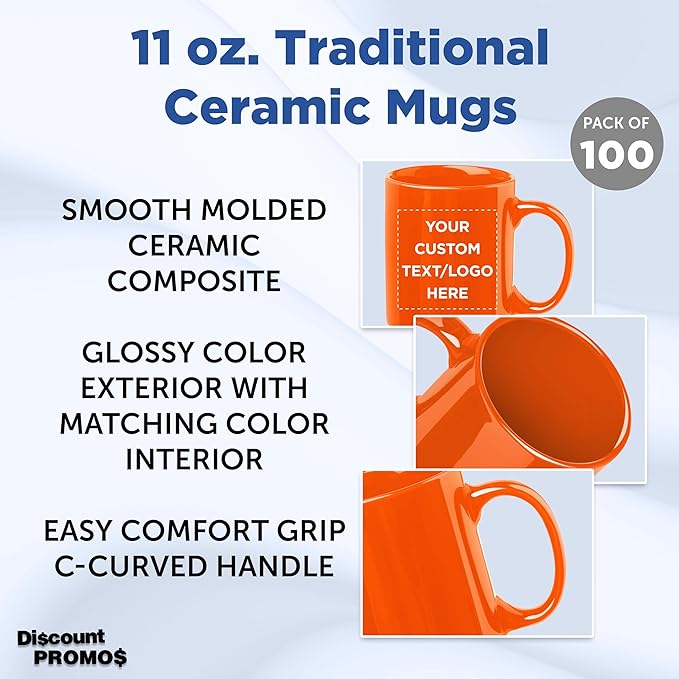 Custom Ceramic Coffee Mugs 11 oz. Set of 100, Personalized Bulk Pack - Coffee cup set, Iced coffee cup, Gaming mug - Orange