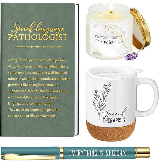 4 Pcs Speech Therapist Gift Set Therapy Speech Language Pathologist Gift for Men Women Slp Thank You Appreciation Notebook Coffee Mug Scented Candle Ballpoint Pen for Therapist Coworker