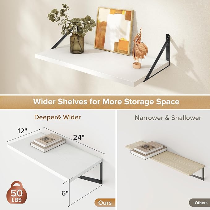 Deep Floating Shelves Wall Mounted, 24"x12" White Wall Shelves with Brackets Set of 2 for Bedroom, Living Room, Bathroom, Kitchen, Office - Storage & Display Shelf for Decor, Books, Plants