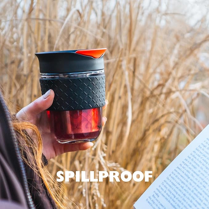 Travel Mug Loose Tea Infuser - Detachable Tea Strainer with Spillproof Lid - BPA-Free Reusable Glass Travel Coffee Cup with Silicone Band (Red, 12oz)
