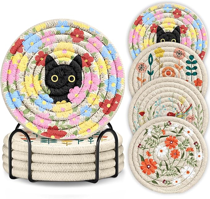 Drink Coasters Set of 4 - Cute Absorbent Cup Coasters for Drinks Coffee Table Office Home Desk Decor Soft Woven Cotton Cloth Braided Fabric Drinking Cup Mat with Holder Flower Cat Bird Plants