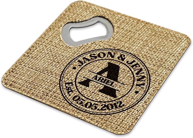 Smile Art Design Family Monogram Custom Coaster Bottle Opener Burlap Material Family Name Personalized Prints Personalized Gifts Housewarming Wedding Gift Rustic Home Decor Style2