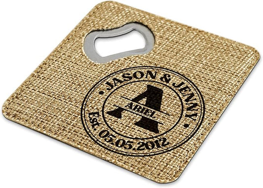 Smile Art Design Family Monogram Custom Coaster Bottle Opener Burlap Material Family Name Personalized Prints Personalized Gifts Housewarming Wedding Gift Rustic Home Decor Style2