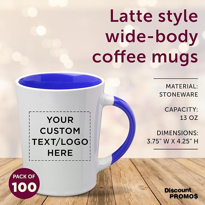 Custom Ceramic Latte Coffee Mugs by Albany 13 oz. Set of 100, Personalized Bulk Pack - Perfect for Coffee, Tea, Espresso, Hot Cocoa, Other Beverages - Cobalt Blue